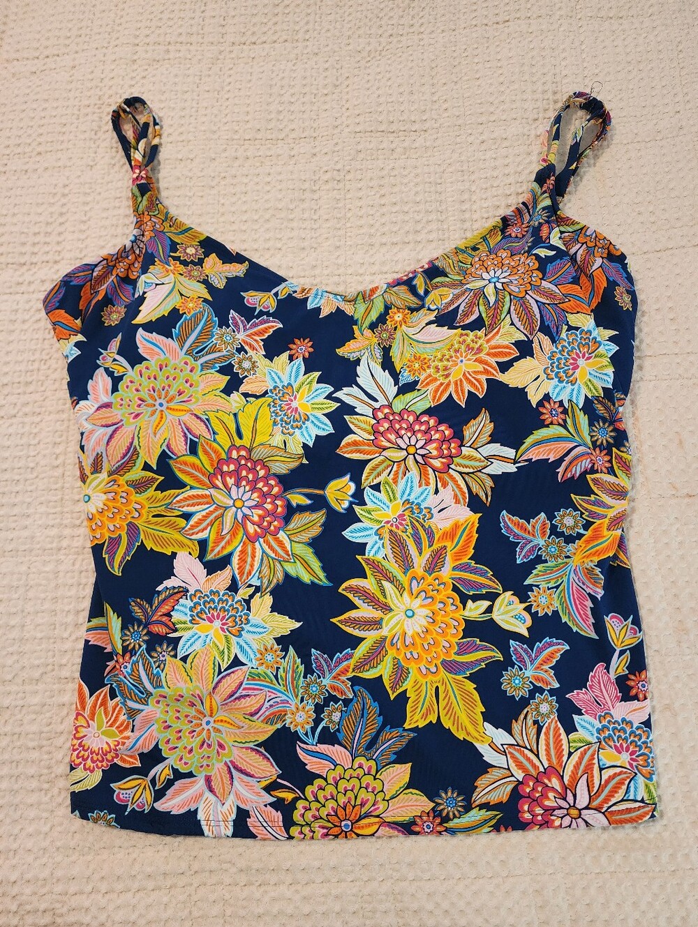 Bleu Rod Beattie Women's Navy Floral Tankini Top Vneck Front/Back 20W NWT